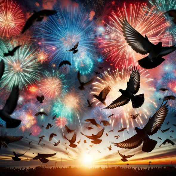 flying birds and firework behind them